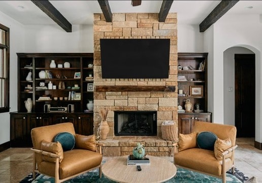 Design consulting — living room with stone fireplace and built-in shelving